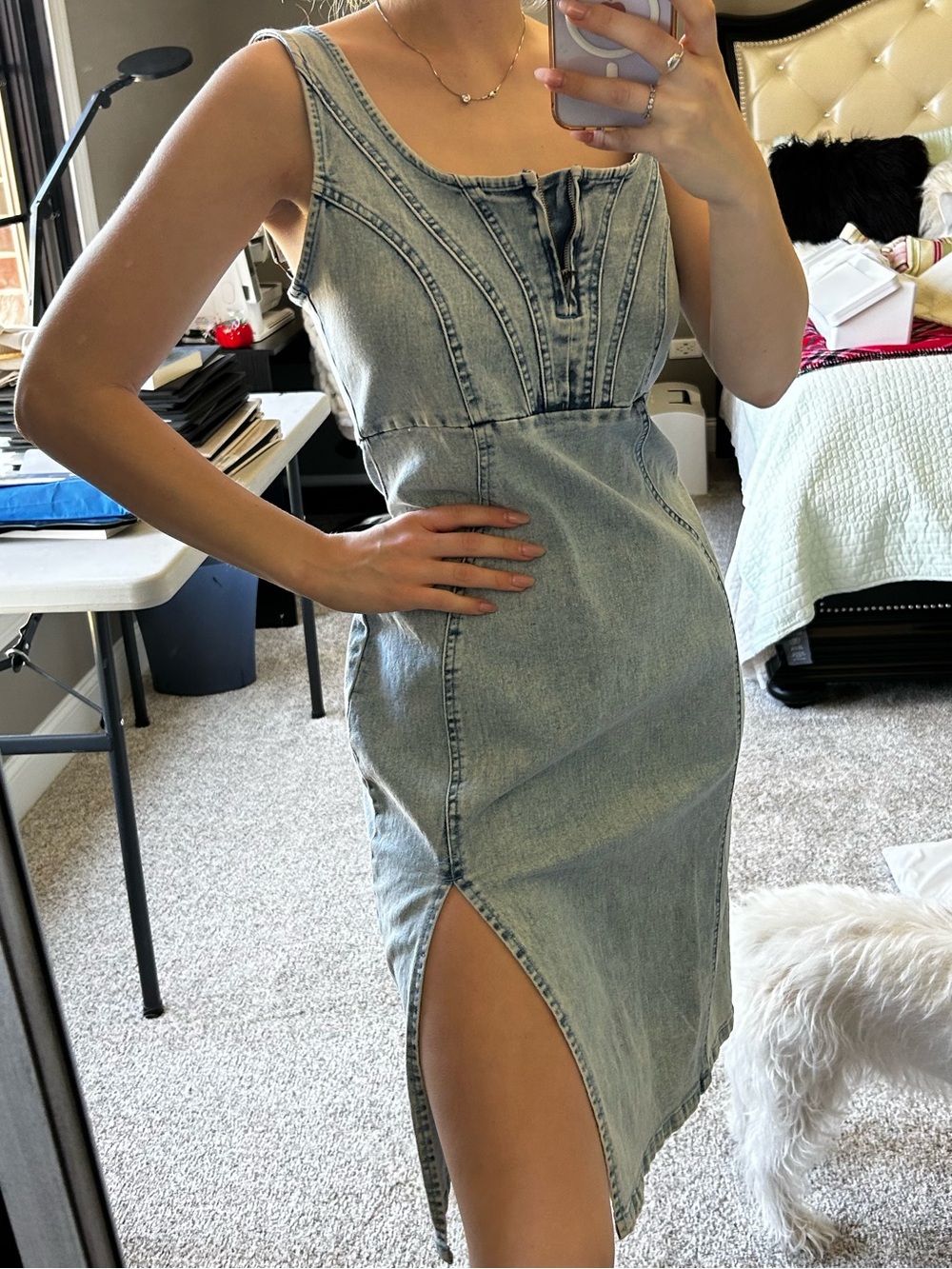 Sleeveless Light Wash Denim Midi Dress with Side Slit